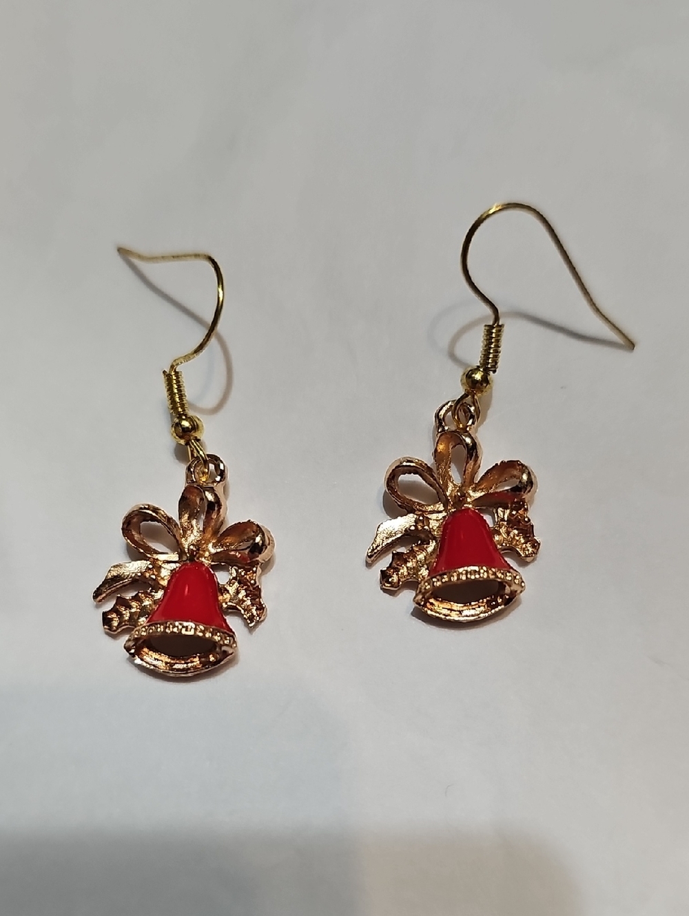 Christmas Earrings Red Bell And Bow Gold On French Wires
